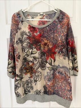 Smash! Floral Tattoo-Print Semi-Sheer Jersey Knit Top EU XL / US Large